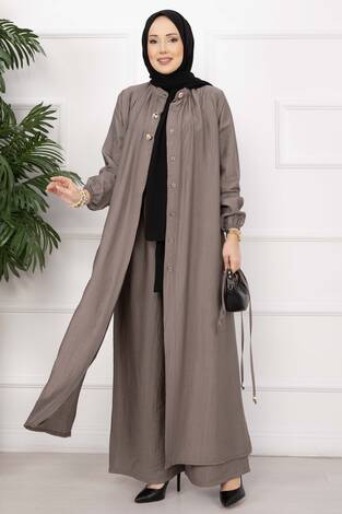 Bağcıklı Hakim Yaka Uzun Tunik Takım Vizon - Thumbnail