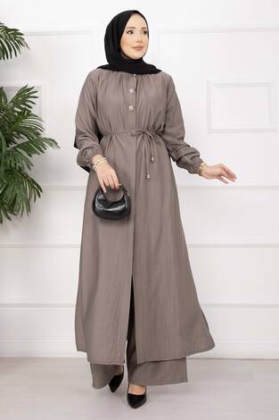 Bağcıklı Hakim Yaka Uzun Tunik Takım Vizon