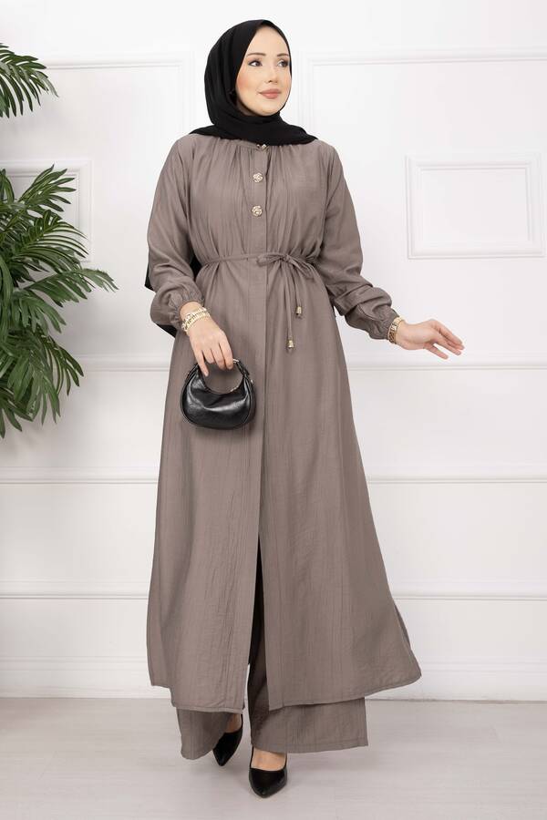 NS - Bağcıklı Hakim Yaka Uzun Tunik Takım Vizon