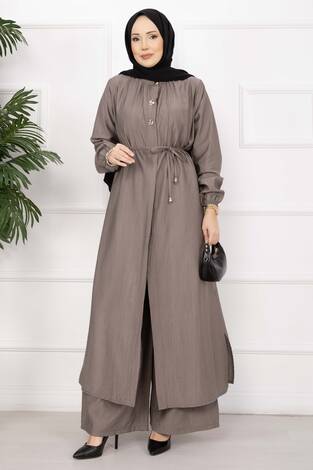 Bağcıklı Hakim Yaka Uzun Tunik Takım Vizon - Thumbnail