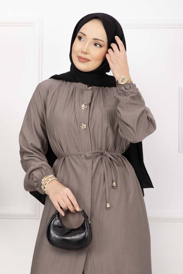 NS - Bağcıklı Hakim Yaka Uzun Tunik Takım Vizon (1)