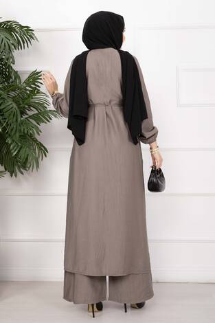 Bağcıklı Hakim Yaka Uzun Tunik Takım Vizon - Thumbnail