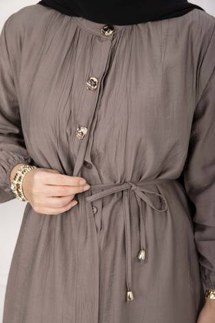 Bağcıklı Hakim Yaka Uzun Tunik Takım Vizon - Thumbnail