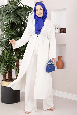 Bağcıklı Uzun Kimono Pantolon Takım Ekru