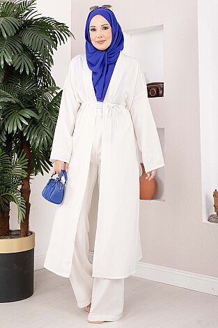 Bağcıklı Uzun Kimono Pantolon Takım Ekru - 4