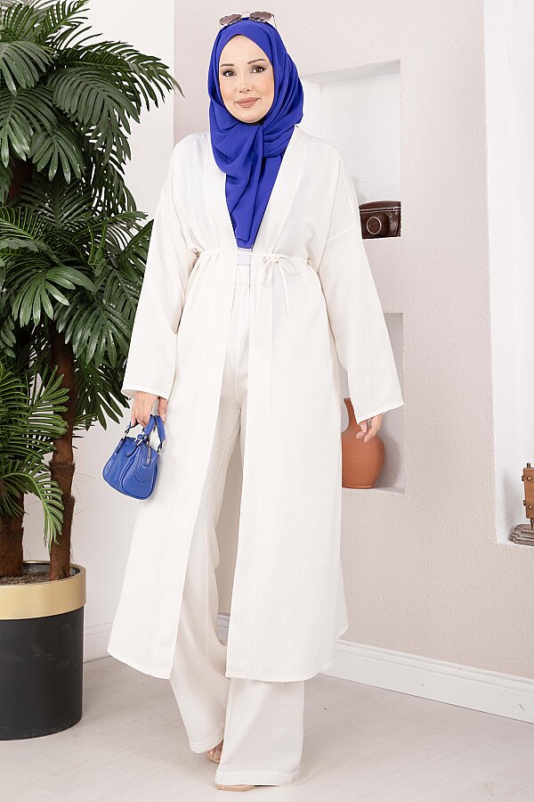 Bağcıklı Uzun Kimono Pantolon Takım Ekru - 4
