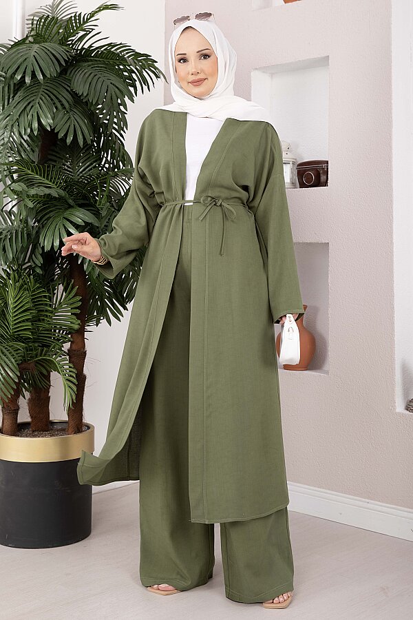 Bağcıklı Uzun Kimono Pantolon Takım Haki - 1