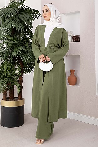 Bağcıklı Uzun Kimono Pantolon Takım Haki - 4