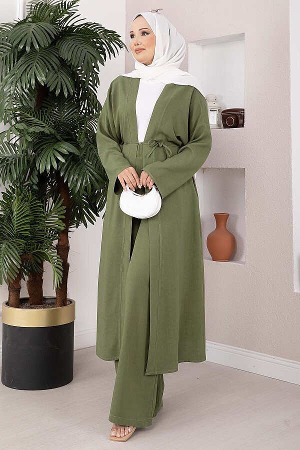 Bağcıklı Uzun Kimono Pantolon Takım Haki - 4