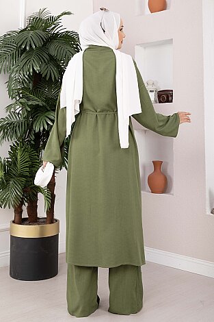 Bağcıklı Uzun Kimono Pantolon Takım Haki - 5