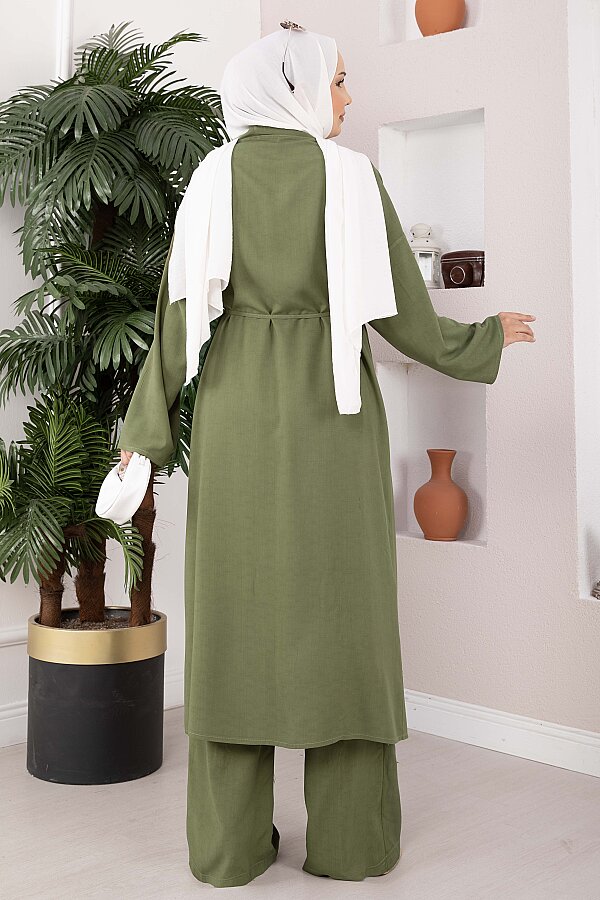 Bağcıklı Uzun Kimono Pantolon Takım Haki - 5