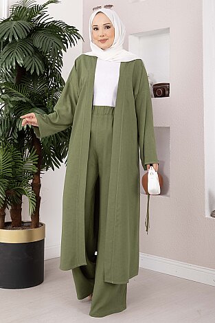 Bağcıklı Uzun Kimono Pantolon Takım Haki - 3