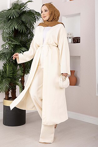Bağcıklı Uzun Kimono Pantolon Takım Krem (1)
