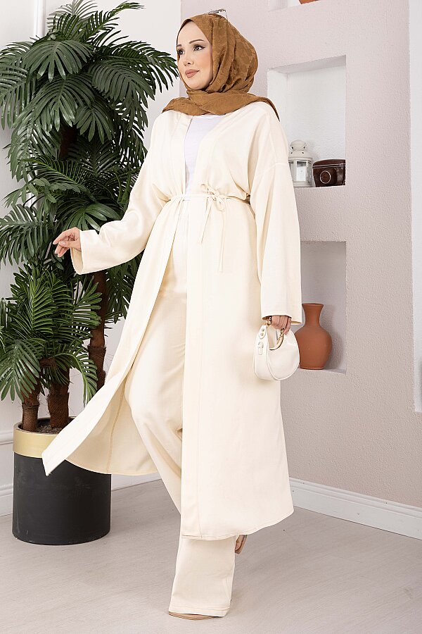 Bağcıklı Uzun Kimono Pantolon Takım Krem - 2