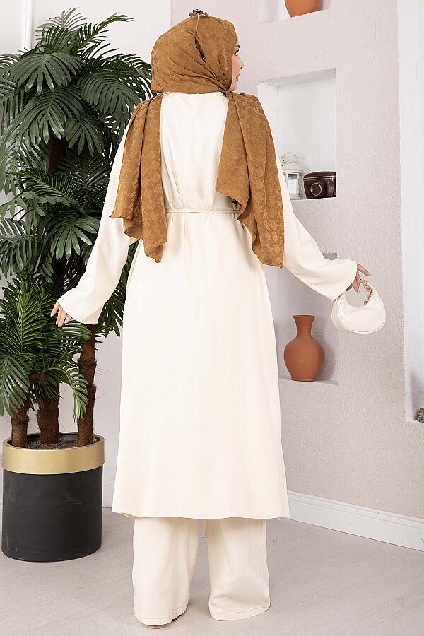 Bağcıklı Uzun Kimono Pantolon Takım Krem - 3