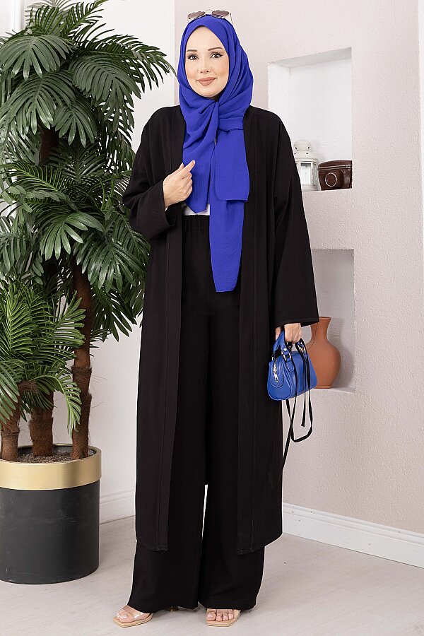 Bağcıklı Uzun Kimono Pantolon Takım Siyah - 3