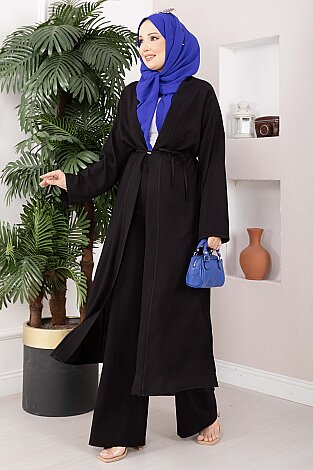 Bağcıklı Uzun Kimono Pantolon Takım Siyah