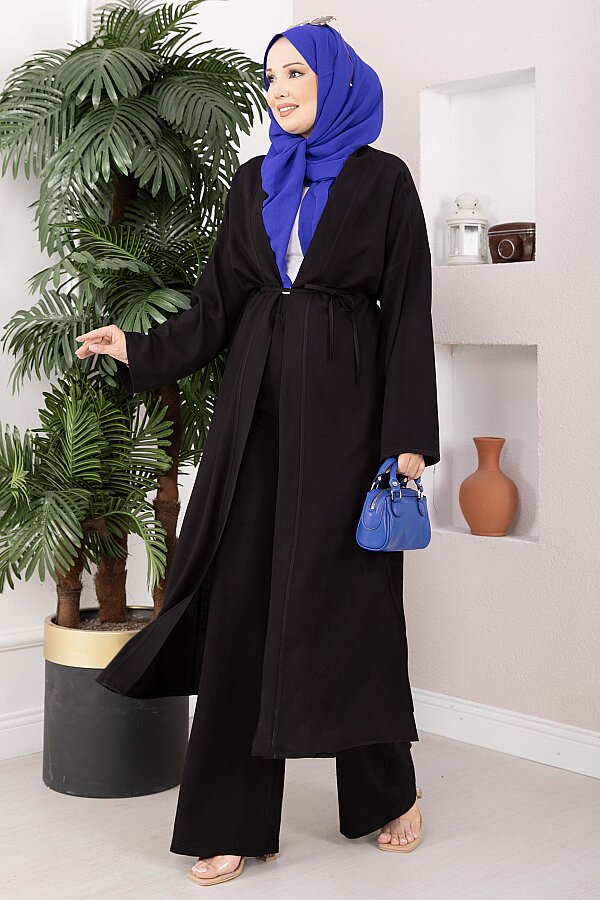 Bağcıklı Uzun Kimono Pantolon Takım Siyah - 1