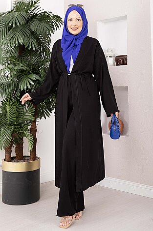 Bağcıklı Uzun Kimono Pantolon Takım Siyah - 4