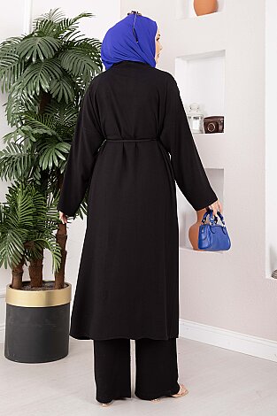 Bağcıklı Uzun Kimono Pantolon Takım Siyah - 5