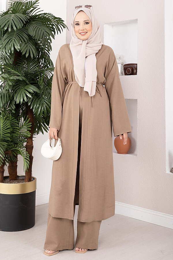 Bağcıklı Uzun Kimono Pantolon Takım Vizon - 4