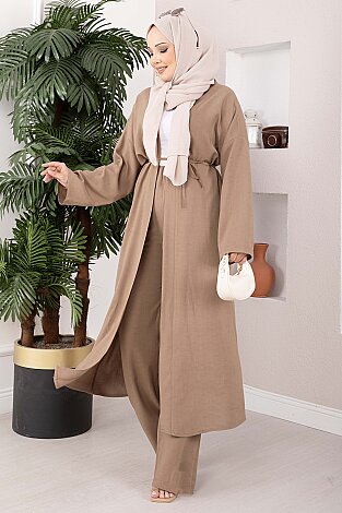 Bağcıklı Uzun Kimono Pantolon Takım Vizon - 3