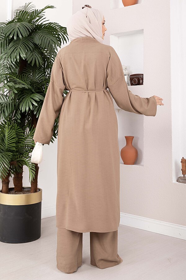 Bağcıklı Uzun Kimono Pantolon Takım Vizon - 5