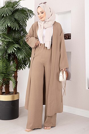 Bağcıklı Uzun Kimono Pantolon Takım Vizon
