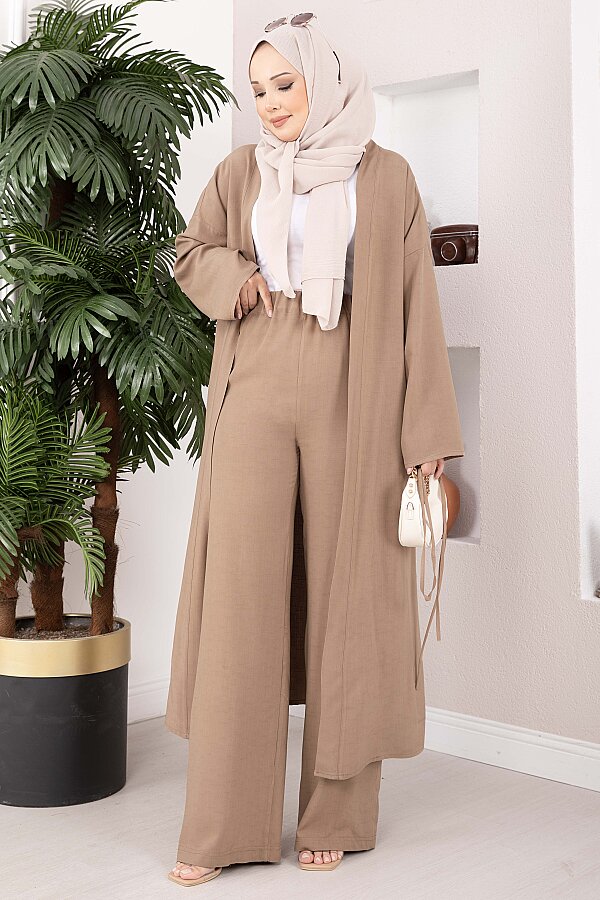 Bağcıklı Uzun Kimono Pantolon Takım Vizon - 1