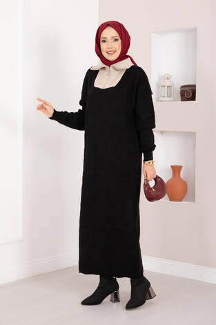 Baklava Desen Garnili Triko Elbise Siyah - Taş - Thumbnail