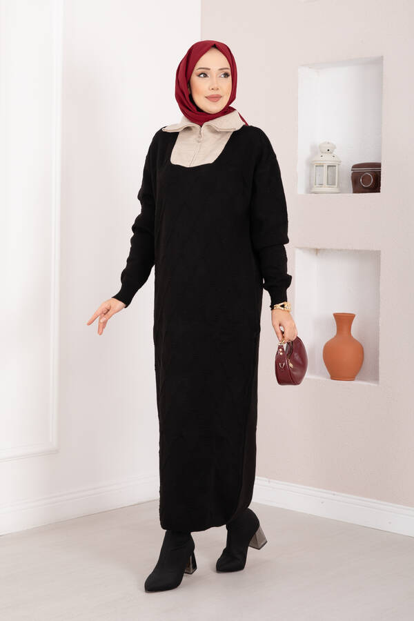 Kb - Baklava Desen Garnili Triko Elbise Siyah - Taş