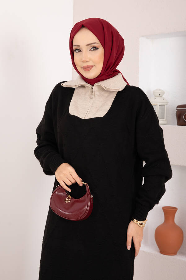 Kb - Baklava Desen Garnili Triko Elbise Siyah - Taş (1)