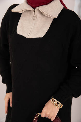 Baklava Desen Garnili Triko Elbise Siyah - Taş - Thumbnail