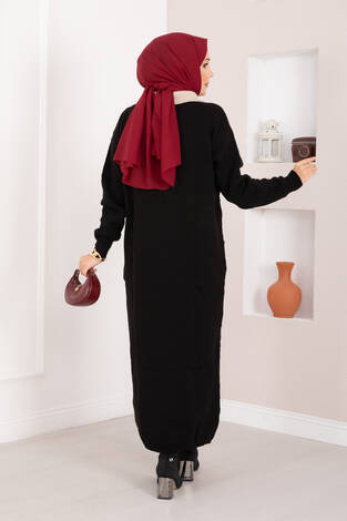 Baklava Desen Garnili Triko Elbise Siyah - Taş - Thumbnail