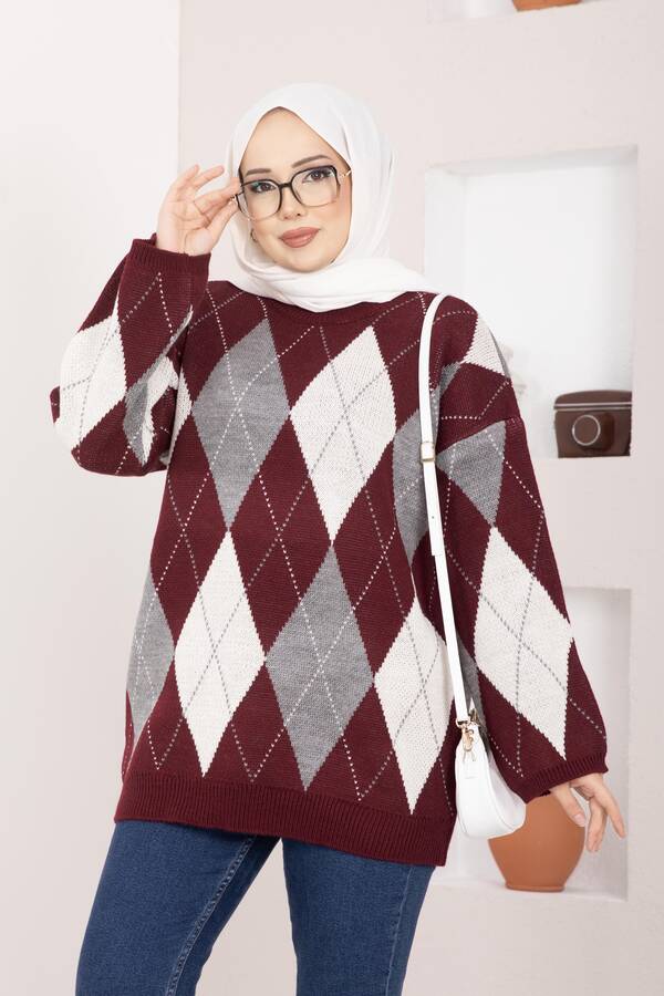 RAF - Baklava Desen Oversize Triko Kazak Bordo (1)