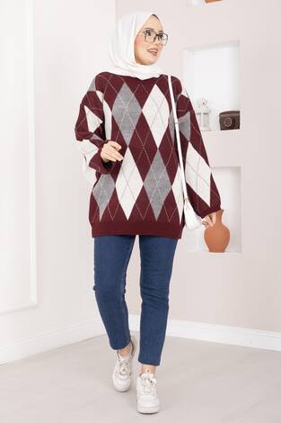 Baklava Desen Oversize Triko Kazak Bordo - Thumbnail