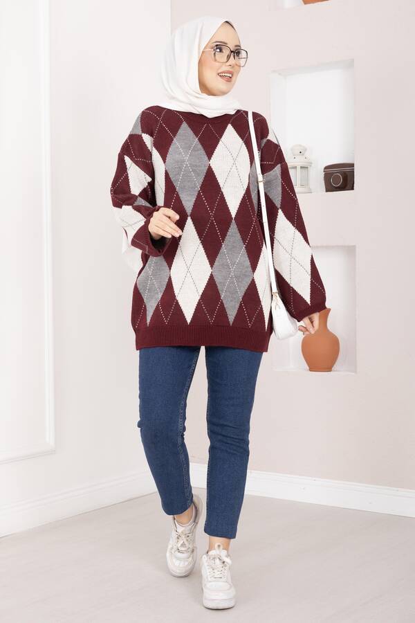 Baklava Desen Oversize Triko Kazak Bordo - 3