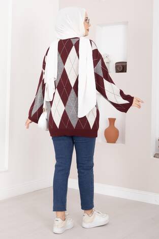 Baklava Desen Oversize Triko Kazak Bordo - Thumbnail