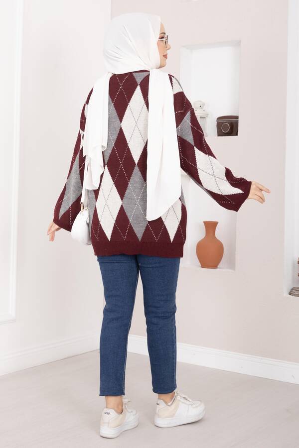 Baklava Desen Oversize Triko Kazak Bordo - 4