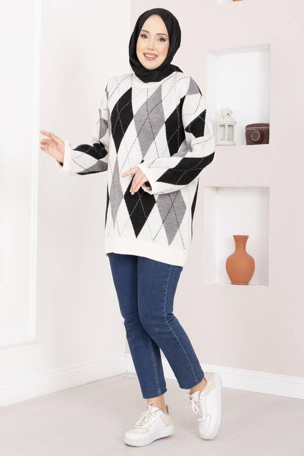 Baklava Desen Oversize Triko Kazak Ekru - 3