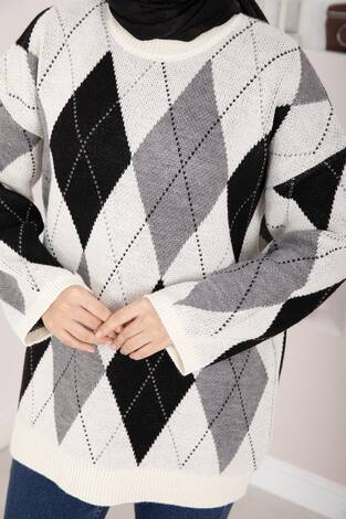 Baklava Desen Oversize Triko Kazak Ekru - Thumbnail