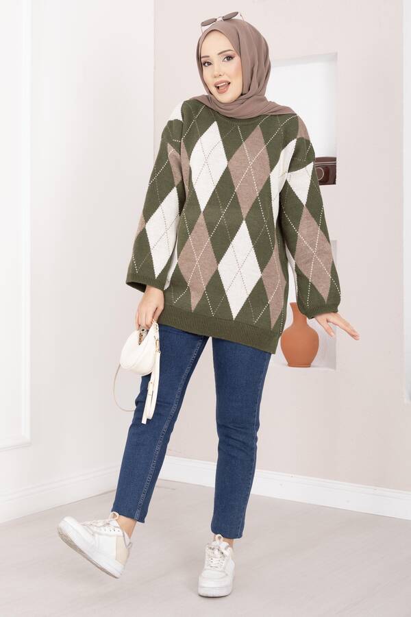 RAF - Baklava Desen Oversize Triko Kazak Haki