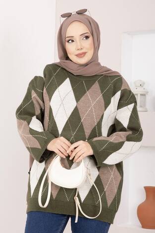 Baklava Desen Oversize Triko Kazak Haki - Thumbnail