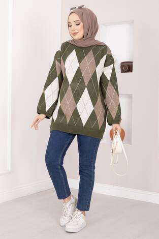Baklava Desen Oversize Triko Kazak Haki - Thumbnail