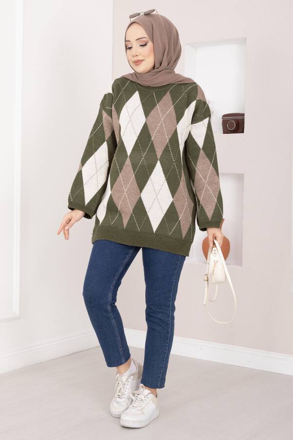 Baklava Desen Oversize Triko Kazak Haki - 3