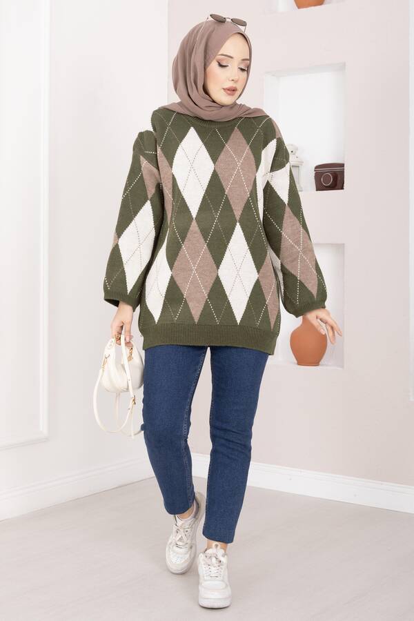 Baklava Desen Oversize Triko Kazak Haki - 4