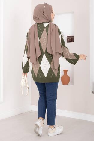 Baklava Desen Oversize Triko Kazak Haki - Thumbnail