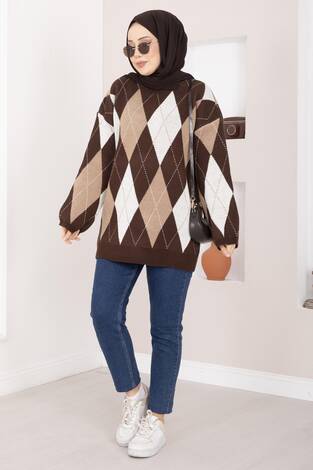 Baklava Desen Oversize Triko Kazak Kahve