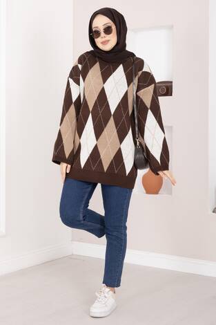 Baklava Desen Oversize Triko Kazak Kahve - Thumbnail