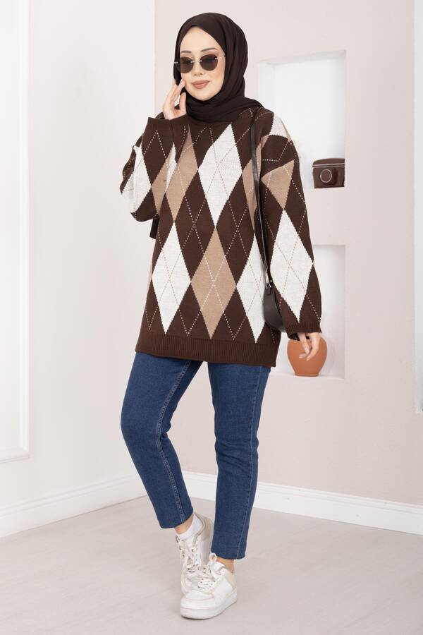Baklava Desen Oversize Triko Kazak Kahve - 4